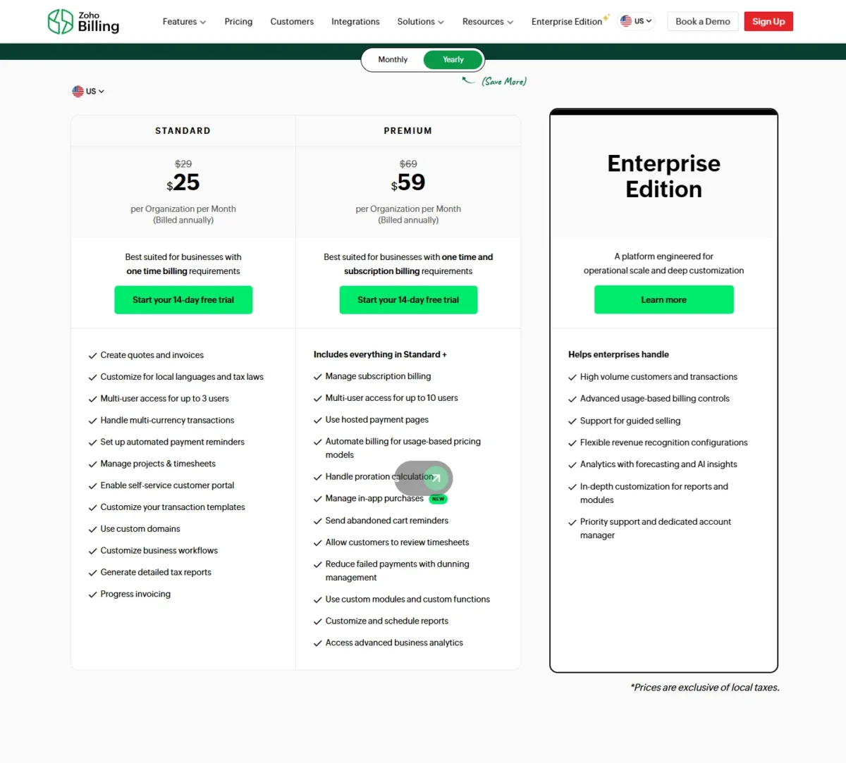 Zoho Billing US pricing page in the Yearly view with Standard, Premium and Enterprise Edition