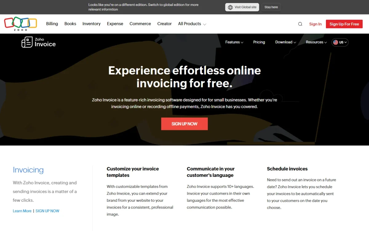 Zoho Invoice features page, first screen, with custom invoice templates, 10+ languages and scheduled invoices
