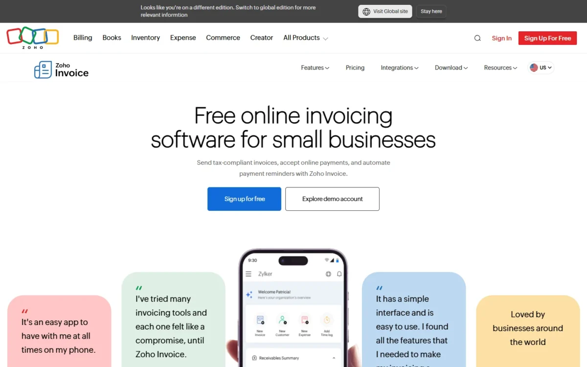 Zoho Invoice homepage, first screen, with Sign up for free and Explore demo account buttons