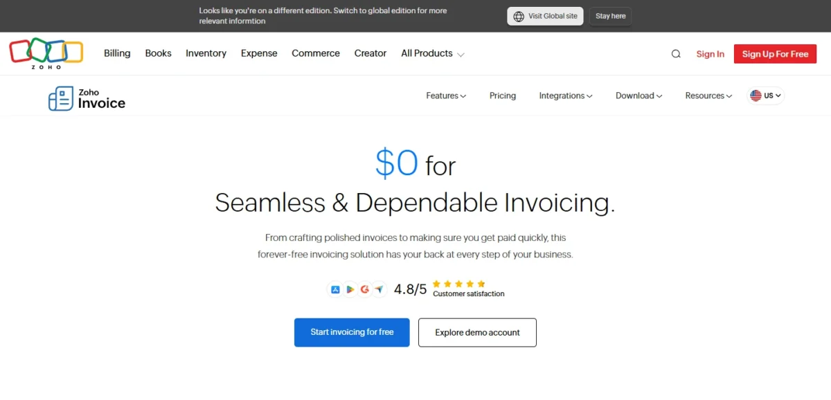 Zoho Invoice pricing page showing $0 with Start invoicing for free and Explore demo account buttons